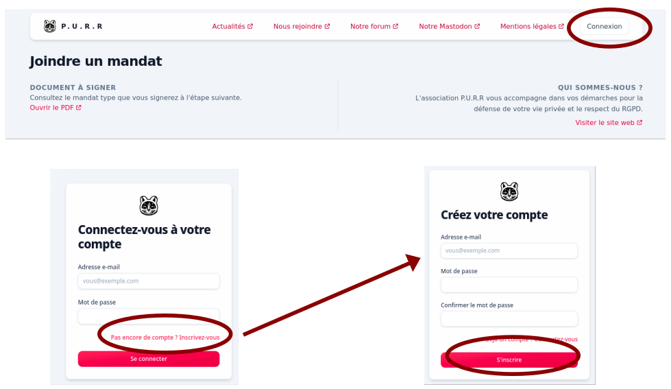 Cliquer sur connection puis sur "pas encore de compte?" puis renseigner un mail et un mot de passe puis sur "s'inscrire"